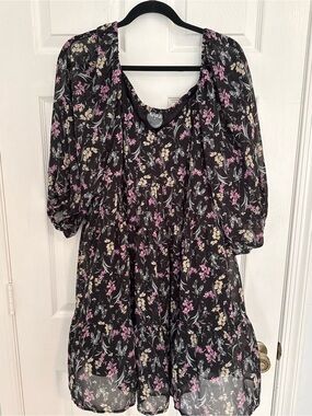 Arula Floral Puff-Sleeve Black Dress with Pink & Cream Blooms